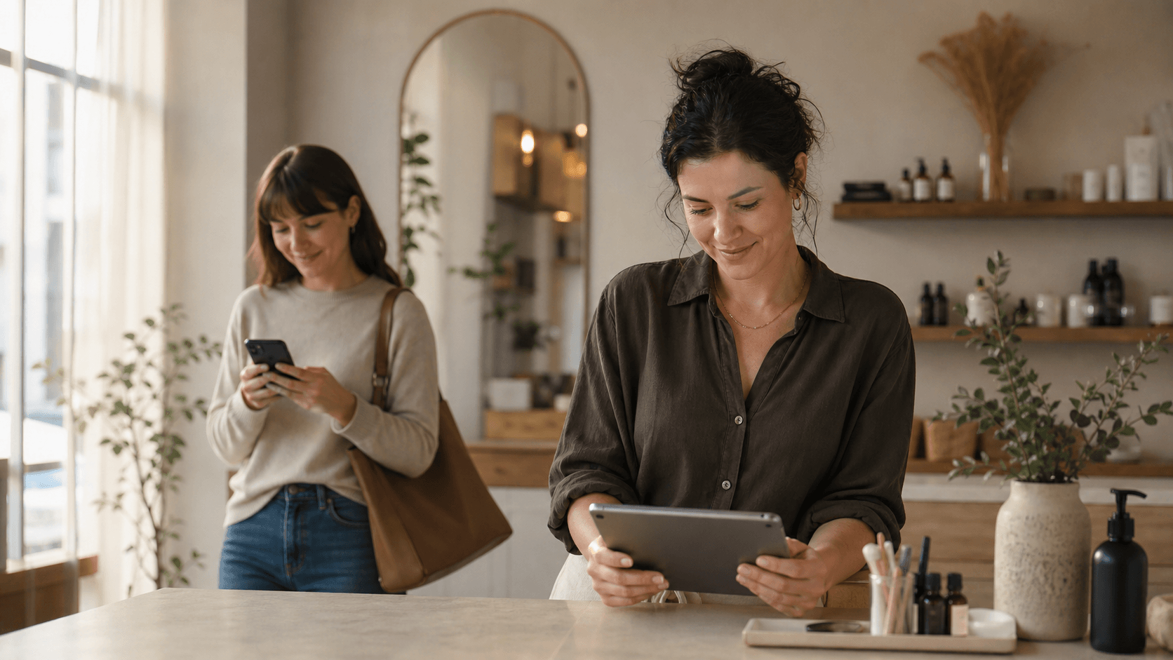 A service professional managing appointments on a tablet while a client books from her phone